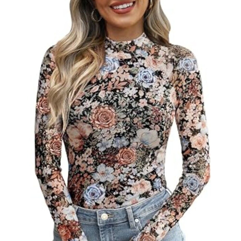 Womens Long Sleeve Mesh Top See Through Mock Neck Sheer Blouses